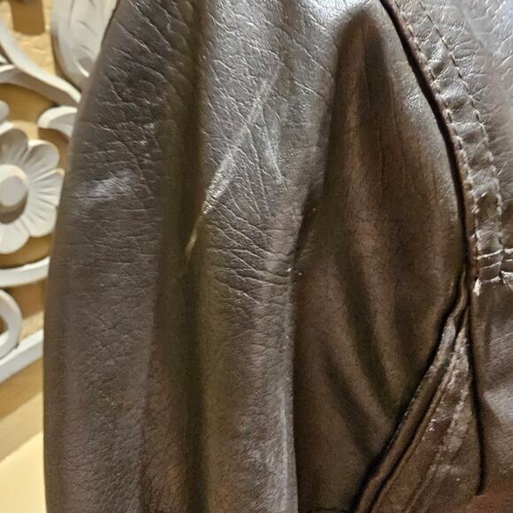 Freda M Brown Faux Leather Moto Jacket Gold Zip Pockets Vegan PVC Lined - Picture 13 of 13